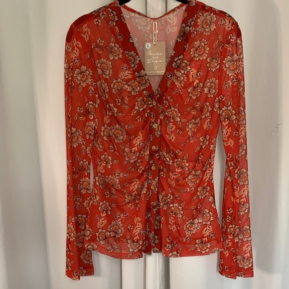 Floral Red Sheer Women's Top - Picture 9 of 10